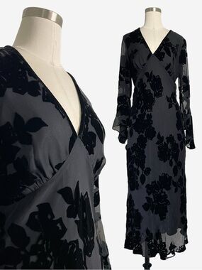 Vintage Y2K ICE black floral velvet silk bell sleeve midi dress whimsigoth XS/S